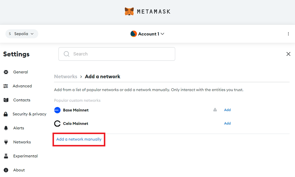 Metamask Add Network Screen with &#39;Add a network manually&#39; Highlighted