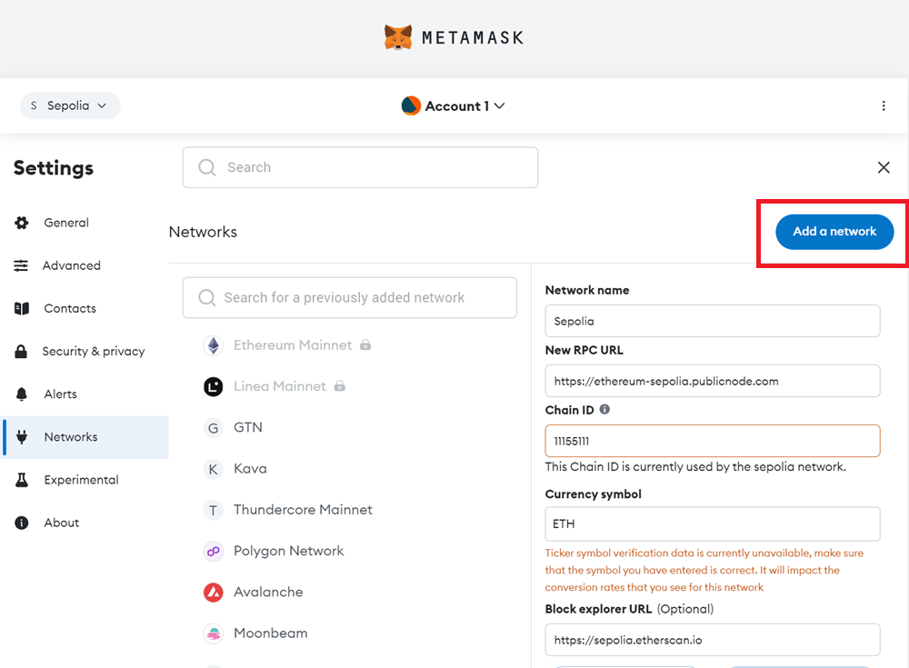 Metamask Networks Screen with &#39;Add a network&#39; Button Highlighted