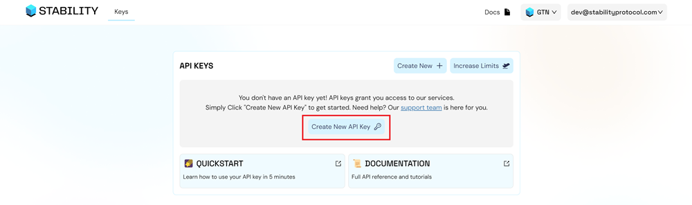 Stability Portal Screen with Create New API Key Button Highlighted